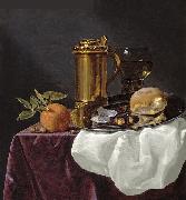 simon luttichuys, Tankard with Oysters, Bread and an Orange resting on a Draped Ledge